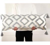 PANOD Decorative Long Lumbar Pillow Cover 14x36 Boho,Super Soft Chenille Extra Long Lumbar Pillow Case Cover with Tassel for Bed Sofa Couch Farmhouse Livingroom,Grey,Modern Skinny