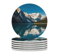 Panorama of The Lake Louise Mountains Round Ceramic Stone Coaster Absorbent Drink Coaster with Cork Base Heat-Resistant Beverage Cup Mats for Hot Cold Drinks Bar Home Office Table Decor 6PCS