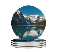 Panorama of The Lake Louise Mountains Round Ceramic Stone Coaster Absorbent Drink Coaster with Cork Base Heat-Resistant Beverage Cup Mats for Hot Cold Drinks Bar Home Office Table Decor 4PCS