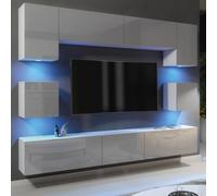 Panorama Wall Tv Unit White & Grey With High Gloss Doors And Led Lighting - Creative Furniture