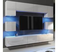 Panorama Wall Tv Unit White With High Gloss Doors And Led Lighting - Creative Furniture