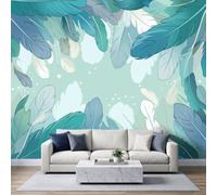 Panoramic Boho Ethnic Wallpaper Photo Mural 200W x 140H cm, Rustic Vintage Luxury Flora and Fauna Feather Poster Wallpaper for Living Room Bedroom Nursery - Seamless Effect Turquoise Wall Art Mural