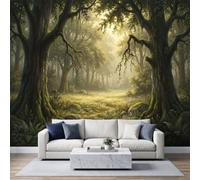 Panoramic Classical Landscape Wallpaper Mural 500W x 280H cm, Rustic Country Nature Forest Moss Wall Poster Photo Wallpaper Mural 3D Effect Warm Yellow Green Wall Art Poster for Bedroom Living Room