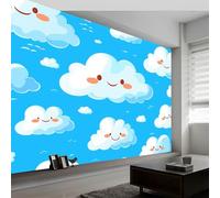 Panoramic Custom Mural Wallpaper Cartoon Style Clouds, Blue Poster Photo, Non-Woven Premium Fleece Wall Mural W250 x H175 cm for Bedroom Living Room Corridor Wall Decor