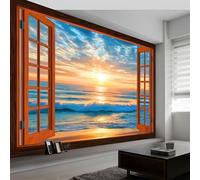 Panoramic Custom Mural Wallpaper Realistic Style Sunrise Beach Waves, Blue Poster Photo, Non-Woven Premium Fleece Wall Mural W250 x H175 cm for Bedroom Living Room Corridor Wall Decor