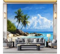 Panoramic Custom Photo Wallpaper Natural Beach with Palm Trees 350 x 256 cm Wall Mural Art Stickers, Sky Blue Photo Wallpaper and Wall Mural for Living Room, TV Background and Home Decoration