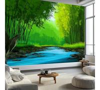 Panoramic Custom Photo Wallpaper Nature Bamboo Forest by The Stream 350 x 256 cm Wall Mural Art Stickers, Green Photo Wallpaper and Wall Mural for Living Room, TV Background and Home Decoration