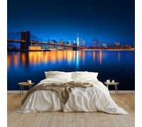 Panoramic Custom Wallpaper Mural 350 x 256 cm New York City Night View Non-Woven Photo Wallpaper Murals Navy Blue, for Living Room Bedroom Children's Room Corridor