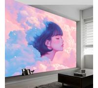 Panoramic Custom Wallpaper Mural, Anime Style Clouds Girl Non-Woven Premium Wall Mural, Art Poster Picture Decoration, W400 x H280 cm Large Mural for Living Room Bedroom Office, Pink