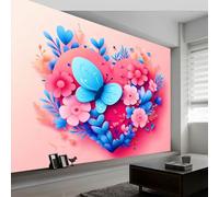 Panoramic Custom Wallpaper Mural, Cartoon Style Heart Flowers Butterfly Non-Woven Premium Wall Mural, Art Poster Picture Decoration, W200 x H140 cm Large Mural for Living Room Bedroom Office, Pink