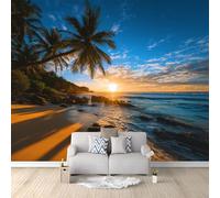Panoramic Custom Wallpaper Mural Coastal Nature Palm Leaves, Blue Photo Mural 118 x 83 inch (W x H) for Bedroom Living Room and Office Decoration