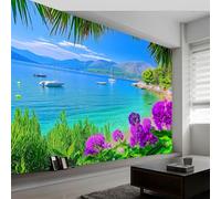 Panoramic Custom Wallpaper Mural, Plants Flowers Palm Trees Beach Non-Woven Premium Wall Mural, Art Poster Picture Decoration, W200 x H140 cm Large Mural for Living Room Bedroom Office, Green