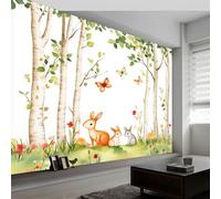 Panoramic Custom Wallpaper Mural, Watercolor Forest Animals Non-Woven Premium Wall Mural, Art Poster Picture Decoration, W250 x H175 cm Large Mural for Living Room Bedroom Office, White