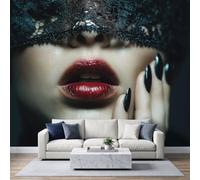 Panoramic Dark Gothic Wallpaper Mural 250W x 175H cm, Modern Sexy Gothic Lace Red Lips Wall Poster Photo Wallpaper Mural - Red 3D Effect Wall Art Poster Decoration for Bedroom Living Room Corridor
