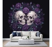 Panoramic Dark Gothic Wallpaper Mural 300W x 210H cm, Horror Skull Floral Rose Vine Wall Poster Photo Wallpaper Mural 3D Effect Black and Purple Wall Art Poster Decor for Bedroom Living Room Corridor