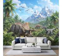 Panoramic Fantasy Nature Wallpaper Mural 500W x 280H cm, Dinosaur Triceratops Pterosaur Tropical Jungle Wall Poster Photo Wallpaper Mural 3D Effect Teal Wall Art Poster for Bedroom Living Room