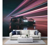 Panoramic Futuristic Sci Fi Wallpaper Photo Mural 400W x 280H cm, Custom Modern 3D Racing Car Neon Stripe Poster Wallpaper for Living Room Bedroom Nursery - Seamless Effect Magenta Wall Art Mural