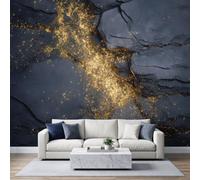 Panoramic Modern Industrial Wallpaper Photo Mural 250W x 175H cm, Abstract Art Luxury Marble Gold Crack Poster Wallpaper for Living Room Bedroom - Seamless Effect Dark Charcoal Grey Wall Art Mural