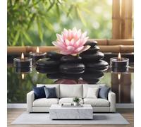 Panoramic Modern Minimalist Wallpaper Photo Mural 300W x 210H cm, Oriental Nature Plants Green Leaf Stone Pile Poster Wallpaper for Living Room Bedroom Nursery - Seamless Effect Black Wall Art Mural
