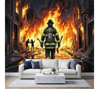 Panoramic Modern Realism Wallpaper Photo Mural 500W x 280H cm, Custom City Flame Firefighter Poster Wallpaper for Living Room Bedroom Nursery Playroom - Seamless Effect Orange Red Wall Art Mural