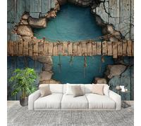 Panoramic Mural 3D Cliff Broken Bridge Non-Woven Wallpaper 300x210cm Wall Mural Decoration Poster Green Wallpaper for Living Room Bedroom & Home Interiors, Not Peel and Stick