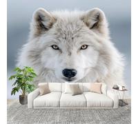 Panoramic Mural Animal Arctic Wolf Close Up Non-Woven Wallpaper 250x175cm Wall Mural Decoration Poster White Wallpaper for Living Room Bedroom & Home Interiors, Not Peel and Stick