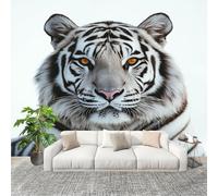 Panoramic Mural Animal White Tiger Close Up Non-Woven Wallpaper 350x256cm Wall Mural Decoration Poster White Wallpaper for Living Room Bedroom & Home Interiors, Not Peel and Stick