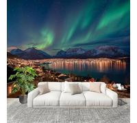 Panoramic Mural Aurora Borealis Small Town Night View Non-Woven Wallpaper 300x210cm Wall Mural Decoration Poster Nature Wallpaper for Living Room Bedroom & Home Interiors, Not Peel and Stick