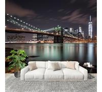Panoramic Mural Landscape Brooklyn Bridge at Night Non-Woven Wallpaper 200x140cm Wall Mural Decoration Poster City Wallpaper for Living Room Bedroom & Home Interiors, Not Peel and Stick