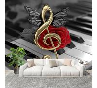 Panoramic Mural Music Piano Theme Non-Woven Wallpaper 350x256cm Wall Mural Decoration Poster Gold Wallpaper for Living Room Bedroom & Home Interiors, Not Peel and Stick
