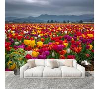 Panoramic Mural Romantic Tulip Fields Non-Woven Wallpaper 350x256cm Wall Mural Decoration Poster Colorful Wallpaper for Living Room Bedroom & Home Interiors, Not Peel and Stick