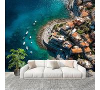 Panoramic Mural Seaside Town Scenery Non-Woven Wallpaper 300x210cm Wall Mural Decoration Poster Natural Landscape Wallpaper for Living Room Bedroom & Home Interiors, Not Peel and Stick