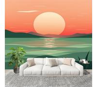Panoramic Mural Simple Sea View Sunset Non-Woven Wallpaper 400x280cm Wall Mural Decoration Poster Green Wallpaper for Living Room Bedroom & Home Interiors, Not Peel and Stick