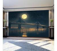 Panoramic Mural Wallpaper 300 x 210 cm Brooklyn Bridge Under The Moon Non-Woven Art Print Night Wall Mural for Living Room Bedroom Sofa TV Backdrop Decoration