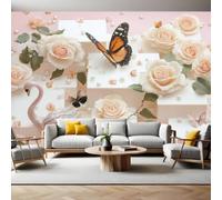 Panoramic Mural Wallpaper 300 x 210 cm Rose and Goose Statue Non-Woven Art Print Pink Wall Mural for Living Room Bedroom Sofa TV Backdrop Decoration