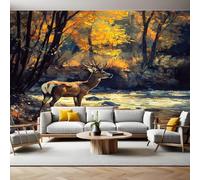 Panoramic Mural Wallpaper 390 x 260 cm Animal sika Deer Autumn Scenery Wall Mural Non-Woven Art Print Wallpaper Living Room Bedroom Sofa TV Backdrop Decoration Poster Picture Photo