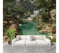Panoramic Mural Waterfall and Lake Landscape Non-Woven Wallpaper 200x140cm Wall Mural Decoration Poster Green Wallpaper for Living Room Bedroom & Home Interiors, Not Peel and Stick