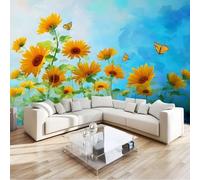 Panoramic Photo Wallpaper Vintage Style Wall Mural W350 x H256 cm, Sunflower Butterfly Luxury Art Photo Large Mural Wallpaper for Living Room Bedroom Decor - Easy to Install