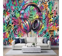 Panoramic Street Graffiti Wallpaper Photo Mural 200W x 140H cm, Custom Abstract Pop Art Music Headphones Poster Wallpaper for Living Room Bedroom Nursery - Seamless Effect Neon Pink Wall Art Mural