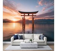 Panoramic Traditional Asian Wallpaper Photo Mural 500W x 280H cm, Japanese Architecture Scenery Sunset Poster Wallpaper for Living Room Bedroom Nursery - Seamless Effect Orange Red Wall Art Mural