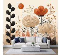Panoramic Vintage Boho Wallpaper Mural 200W x 140H cm, Mid Century Ethnic Nordic Botanical Geometric Wall Poster Photo Wallpaper Mural 3D Effect Earth Tone Wall Art Poster for Bedroom Living Room