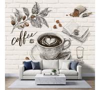 Panoramic Vintage Café Wallpaper Photo Mural 350W x 256H cm, Custom Rustic Dining Gourmet Coffee Cup Poster Wallpaper for Living Room Bedroom Nursery - Seamless Effect Light Beige Wall Art Mural