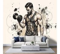Panoramic Vintage Comic Book Wallpaper Mural 400W x 280H cm, Modern Fitness Sport Dumbbell Graffiti Wall Poster Photo Wallpaper Mural 3D Effect Black Wall Art Poster for Bedroom Living Room