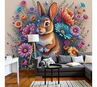 Panoramic Wallpaper Cute Animals Flowers Easter Eggs Rabbits 3D Effect Photo Wallpaper, Beige Brown Mural Wall Tapestry, Large Photo Mural 250x175cm for Bedroom Living Room Office Decoration