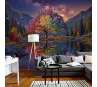 Panoramic Wallpaper Forest Starry Sky Landscape,3D Lake Rainbow Tree Pattern Effect Photo Wallpaper,Pink Mural Panoramic,Large Photo Mural 450 × 315 Cm For Bedroom Living Room Office Decoration