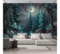 Panoramic Wallpaper Forest Trail Landscape,3D Moonlight Bathed The Forest Effect Photo Wallpaper,Blue-Green Mural Panoramic,Large Photo Mural 250 × 175 Cm For Bedroom Living Room Office Decoration