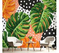 Panoramic Wallpaper Illustration Polka Dots Tropical Leaves 3D Effect Photo Wallpaper, Green Orange Mural Wall Tapestry, Large Photo Mural 250x175cm for Bedroom Living Room Office Decoration