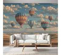 Panoramic Wallpaper Line Drawing Style,3D Fields Hot Air Balloon Pattern Effect Photo Wallpaper,Yellow Mural Panoramic, Large Photo Mural 200 × 140 Cm For Bedroom Living Room Office Decoration