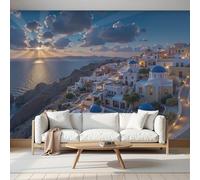 Panoramic Wallpaper Mediterranean Style,3D Santorini Architectural Panorama Effect Photo Wallpaper,White Mural Panoramic, Large Photo Mural 400 × 280 Cm For Bedroom Living Room Office Decoration