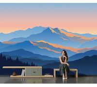 Panoramic Wallpaper Minimalist Mountain Scenery,3D Sunset Mountain Landscape Effect Photo Wallpaper,Light Blue Mural Panoramic, Large Photo Mural 150 × 105 Cm For Bedroom Living Room Office Decoration